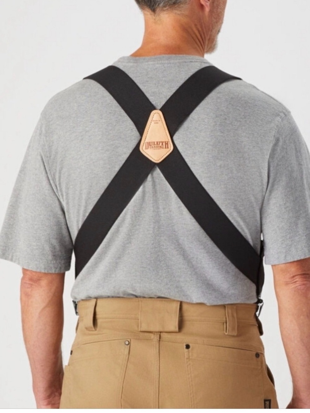 Duluth Trading Co Navy Suspenders with Tan Leather Patch